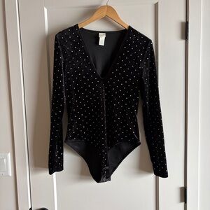 H&M Black Velvet Bodysuit | Rhinestone Embellished | Deep V-Neck | M | Y2K Glam